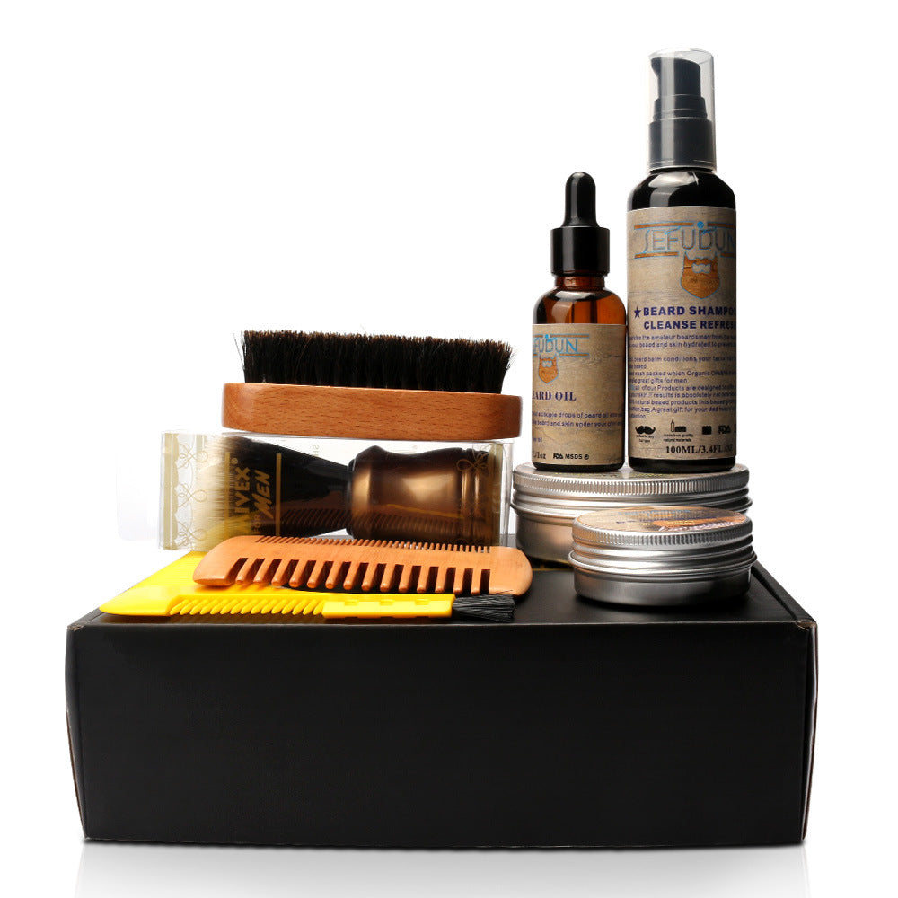 Men Beard Care Kit grooming and styling tools including beard oil, shampoo, comb, and brushes.