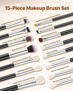 15-Piece Makeup Brush Set For Foundation Blending Eyeshadow, Professional Vegan Brushes With Soft Synthetic Bristles, Ergonomic Wood Handle & Aluminum Ferrule, Portable And Travel-Friendly