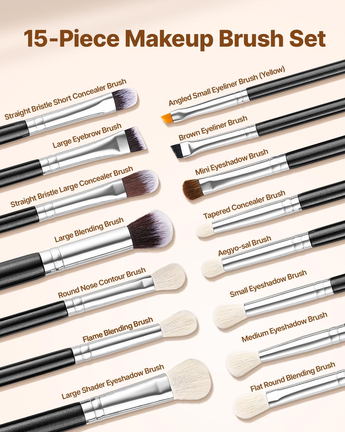 15-Piece Makeup Brush Set For Foundation Blending Eyeshadow, Professional Vegan Brushes With Soft Synthetic Bristles, Ergonomic Wood Handle & Aluminum Ferrule, Portable And Travel-Friendly